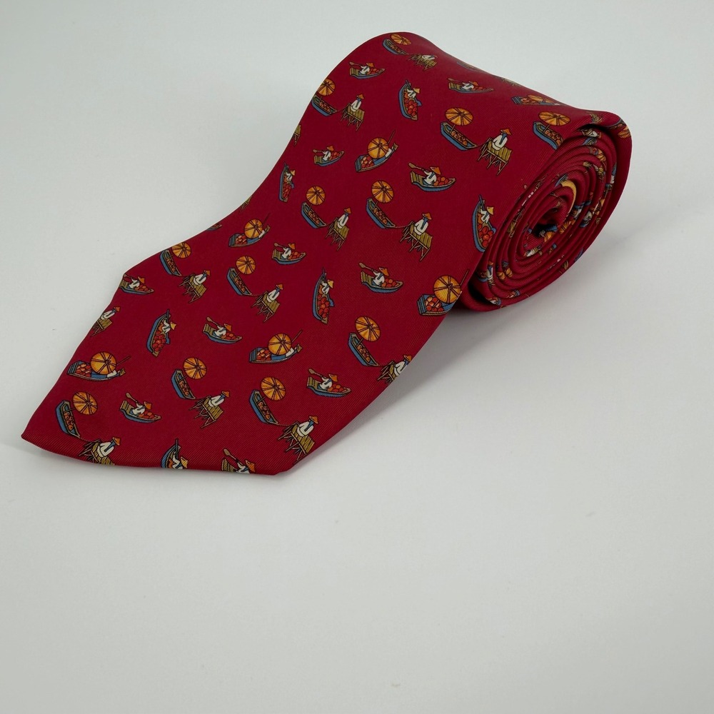 Salvatore Ferragamo Mens Red Silk Floating Market Boat Print Tie Made in Italy
